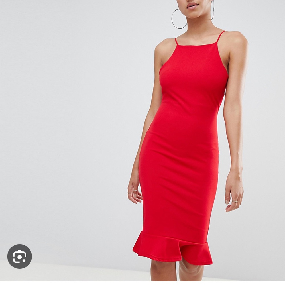 Red high neck midi dress with flared bottom
